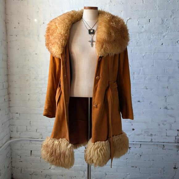 Vintage Orange Suede Penny Lane Jacket Leather Trench Coat Faux Fur Coat Large - Picture 2 of 12